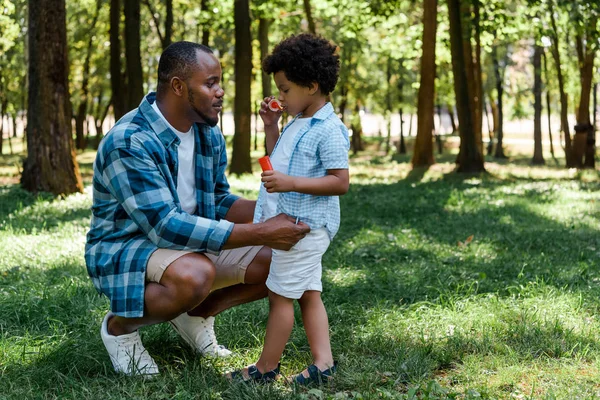 Handsome African American Father Sitting Cute Son Blowing Soap Bubble — Stock Photo, Image