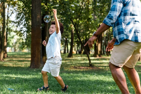 公園でジェスチャー幸せなアフリカ系アメリカ人の息子の近くに指で指を指している父親のトリミングされたビュー — ストック写真