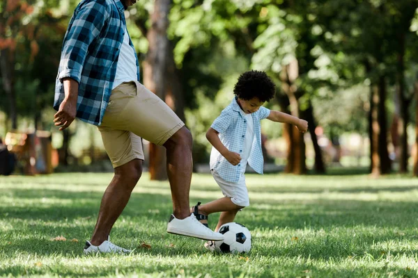 裁剪的看法 非洲美国父亲踢足球与儿子 — 图库照片