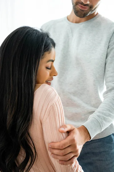 Cropped View African American Woman Closed Eyes Man Hugging Apartment — Stock Photo, Image