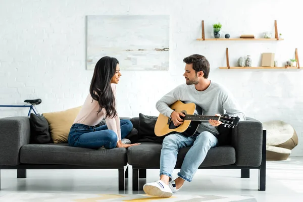 Side View Smiling African American Woman Looking Man Acoustic Guitar — Stock Photo, Image