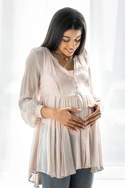 Smiling Pregnant African American Woman Hugging Belly Apartment — Stock Photo, Image