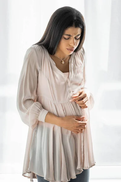 Pregnant African American Woman Touching Belly Feeling Pain — Stock Photo, Image