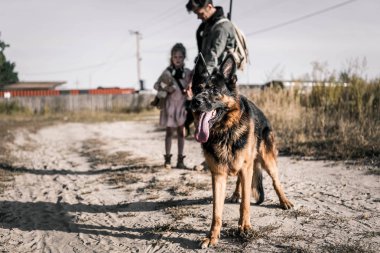 selective focus of german shepherd dog on road near man and kid, post apocalyptic concept clipart