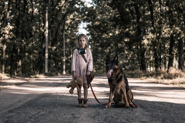 Aufgebrachtes Kind Das Mit Teddybär Und Schäferhund Auf Der Straße — Stockfoto