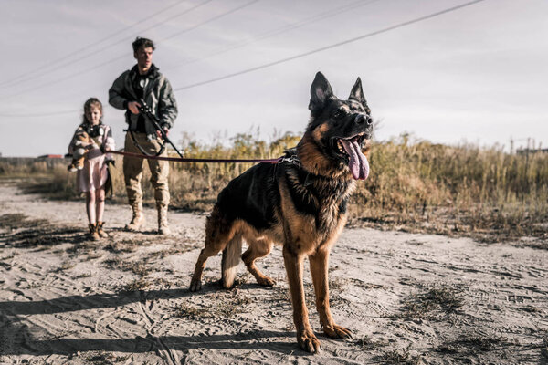 selective focus of german shepherd dog near armed man and kid, post apocalyptic concept