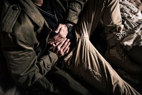 Overhead View Man Having Stomach Ache While Sitting Floor Post — Stock Photo, Image