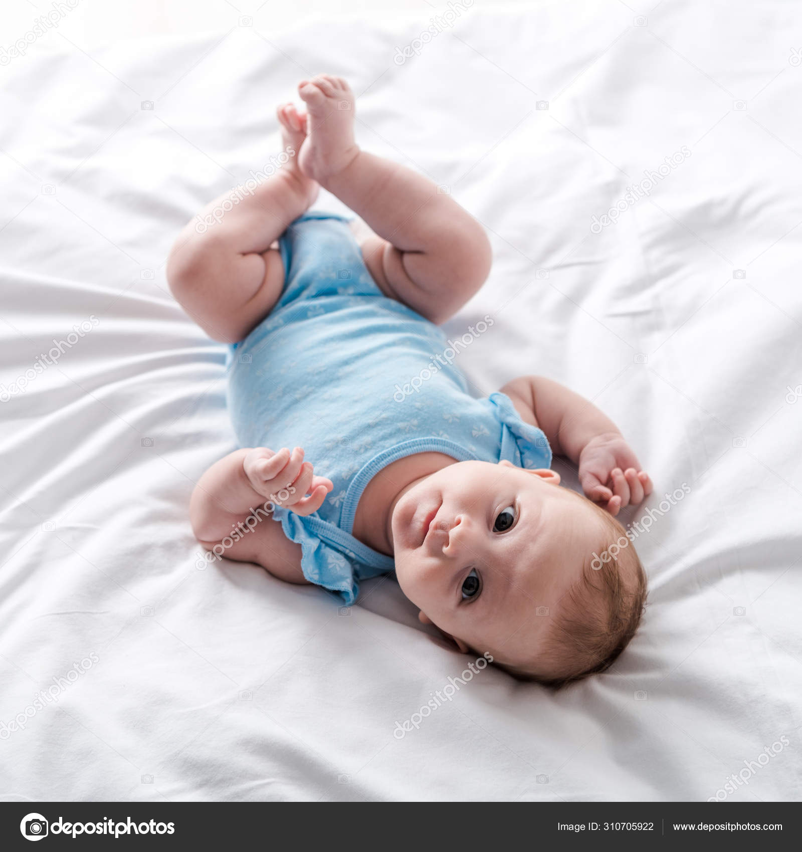 Adorable Infant Blue Baby Bodysuit Lying Bed Home — Stock Photo