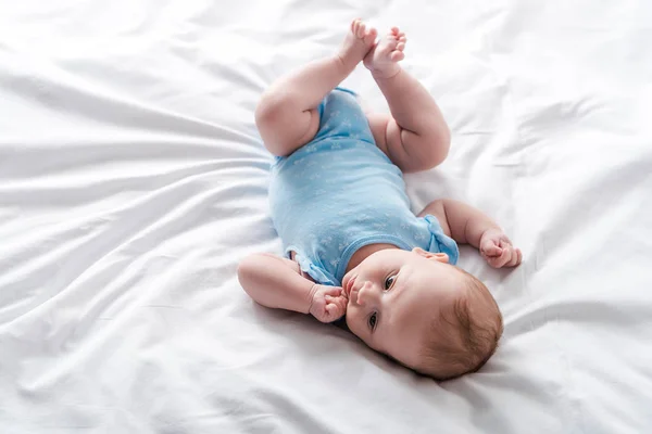 Adorable Infant Baby Romper Lying Bed Home — Stockfoto