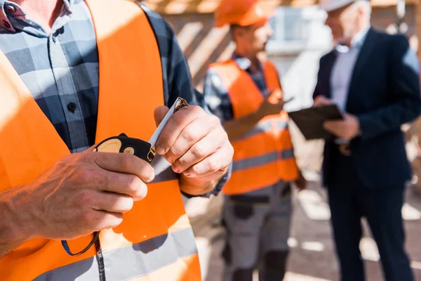 Cropped View Constructor Holding Measuring Tape — Stock Photo, Image