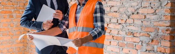 Panoramic Shot Architect Holding Blueprint Businessman Digital Tablet — Stock Photo, Image