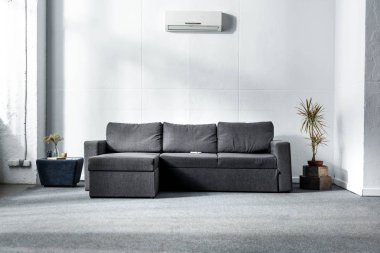 grey sofa near green plants in modern living room  clipart