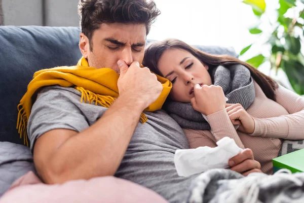 Sick Girlfriend Handsome Boyfriend Sneezing Holding Napkins — Stock Photo, Image