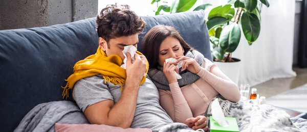 panoramic shot of sick girlfriend and boyfriend sneezing and holding napkins