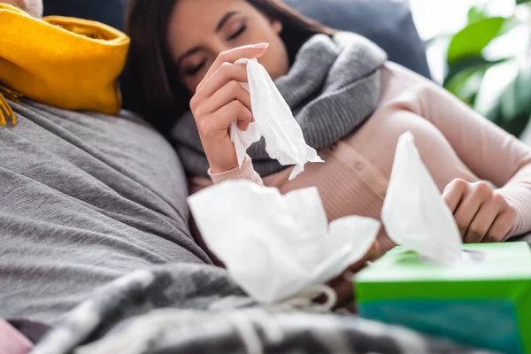 Selective Focus Sick Girlfriend Holding Napkins Apartment — Stock Photo, Image