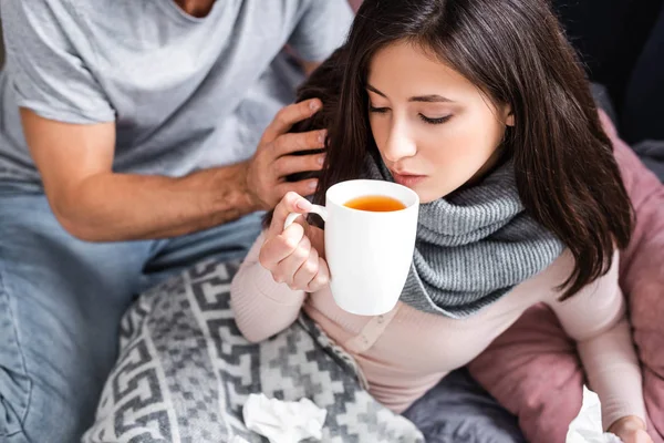 Selective Focus Attractive Sick Woman Drinking Tea — Stock Photo, Image