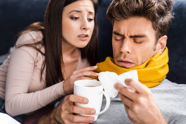 Girlfriend Looking Sick Boyfriend Cup Tea Napkin — Stock Photo, Image