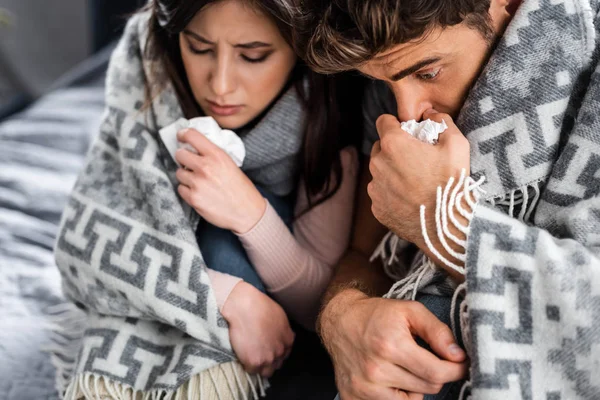 Selective Focus Sick Girlfriend Boyfriend Covered Blanket Holding Napkins — Stock Photo, Image