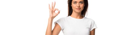 beautiful woman in white t-shirt showing ok sign, isolated on white clipart