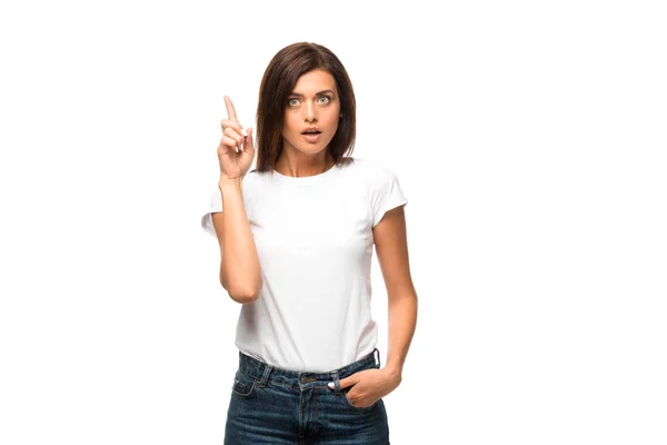 Beautiful Shocked Woman White Shirt Pointing Isolated White — Stock Photo, Image