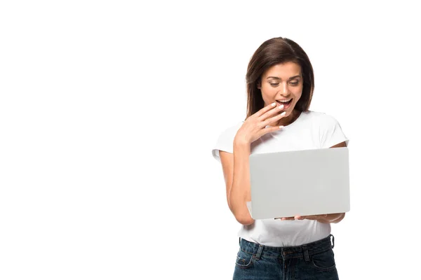 Beautiful Shocked Woman Using Laptop Isolated White — Stock Photo, Image