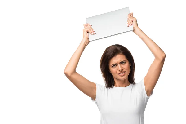 Beautiful Stressed Girl Holding Laptop Isolated White — Stock Photo, Image