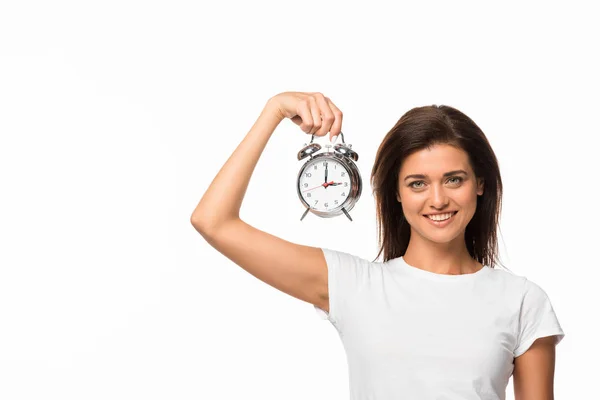 Hermosa Mujer Feliz Sosteniendo Reloj Despertador Aislado Blanco — Foto de Stock
