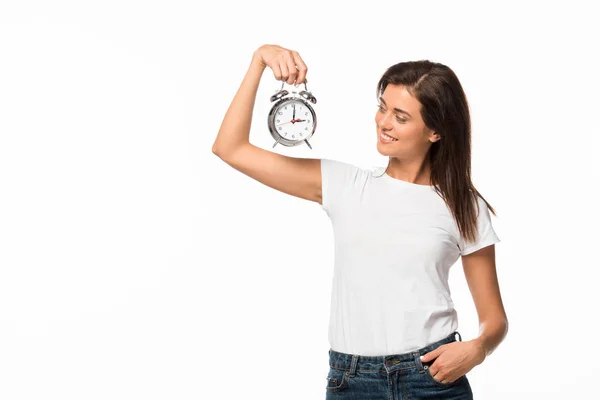 Beautiful Smiling Woman Looking Alarm Clock Isolated White — Stock Photo, Image