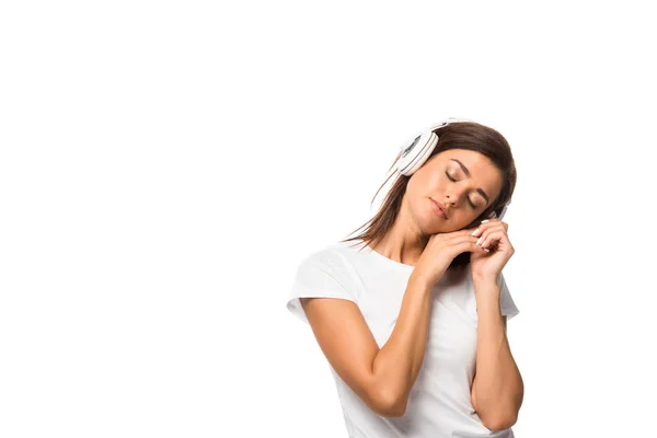 Beautiful Sleepy Woman Closed Eyes Listening Music Headphones Isolated White — Stock Photo, Image