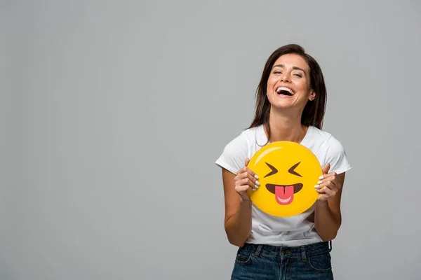 Kyiv Ukraine September 2019 Laughing Girl Holding Yellow Sticking Tongue — Stock Photo, Image