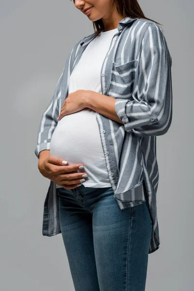 Bijgesneden Mening Van Mooie Zwangere Vrouw Aanraken Buik Geïsoleerd Grijs — Stockfoto
