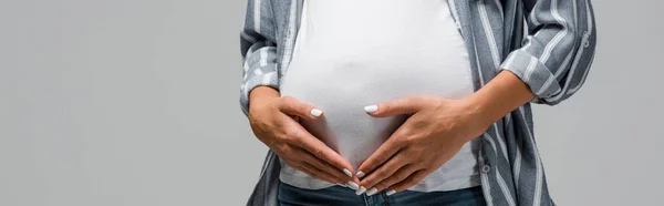 Vista Parcial Mujer Embarazada Tocando Panza Aislada Gris — Foto de Stock