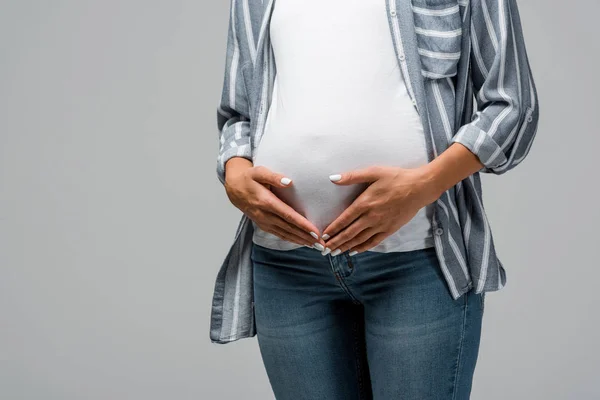 Hamile Bir Kızın Göbeğine Dokunması Gri Renkte Izole Edilmiş — Stok fotoğraf