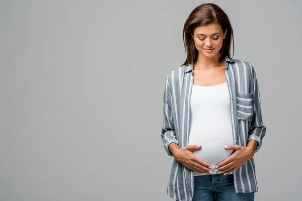 Belle Femme Enceinte Heureuse Touchant Ventre Isolé Sur Gris — Photo