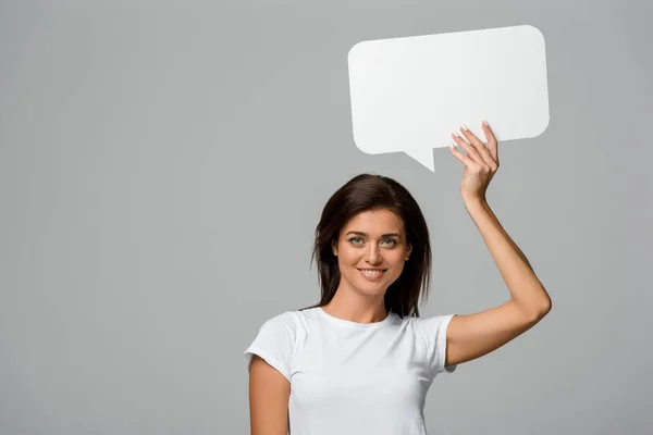 Cheerful Woman Holding Empty Speech Bubble Isolated Grey — Stock Photo, Image