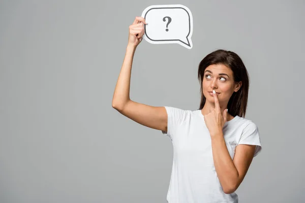 Thoughtful Woman Holding Speech Bubble Question Mark Isolated Grey — ストック写真