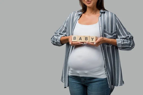 Cropped View Pregnant Woman Holding Alphabet Blocks Baby Sign Isolated — ストック写真