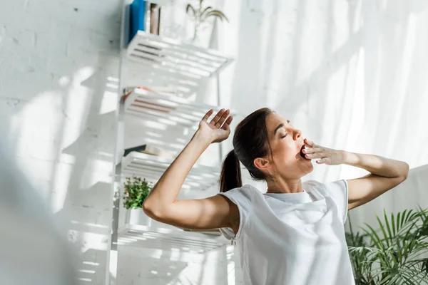 Beautiful Woman Yawning Doing Morning Exercise Bedroom — Stok fotoğraf