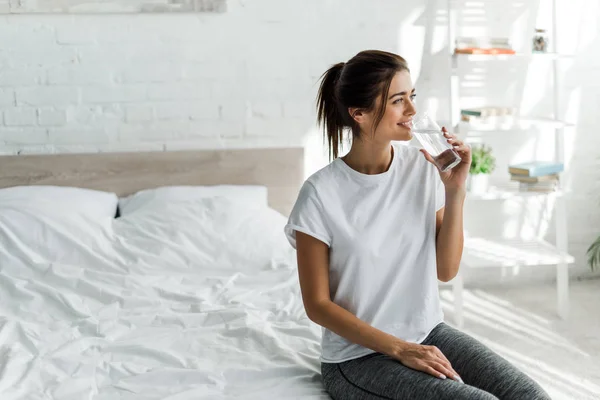 Beautiful Happy Girl Holding Drinking Water Glass Morning — Stock Photo, Image