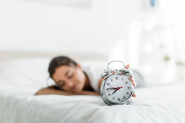 Selective Focus Sleeping Woman Alarm Clock Bed Morning — Stock Photo, Image