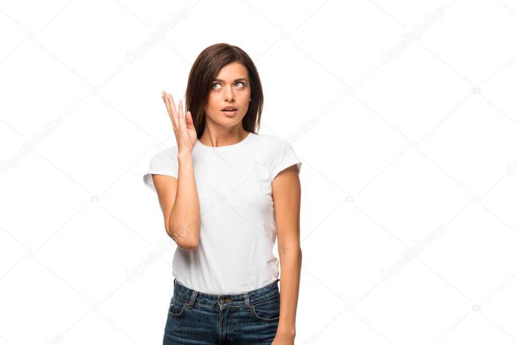 shocked woman in white t-shirt gesturing isolated on white