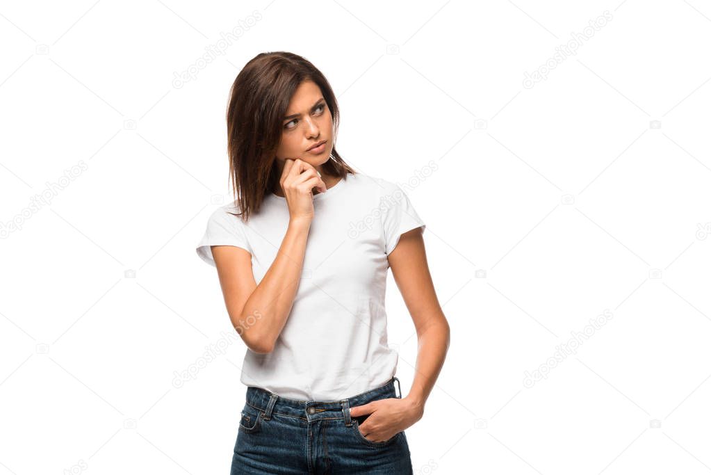 attractive pensive woman in white t-shirt, isolated on white