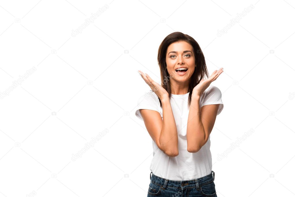 beautiful excited woman in white t-shirt, isolated on white