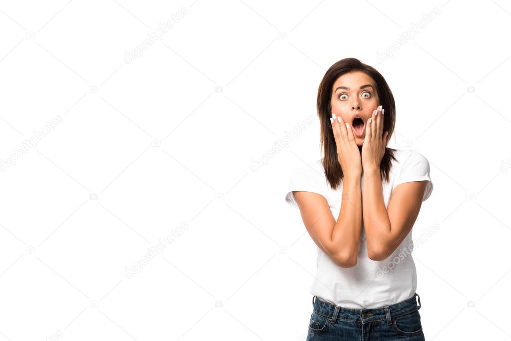 beautiful shocked woman in white t-shirt, isolated on white