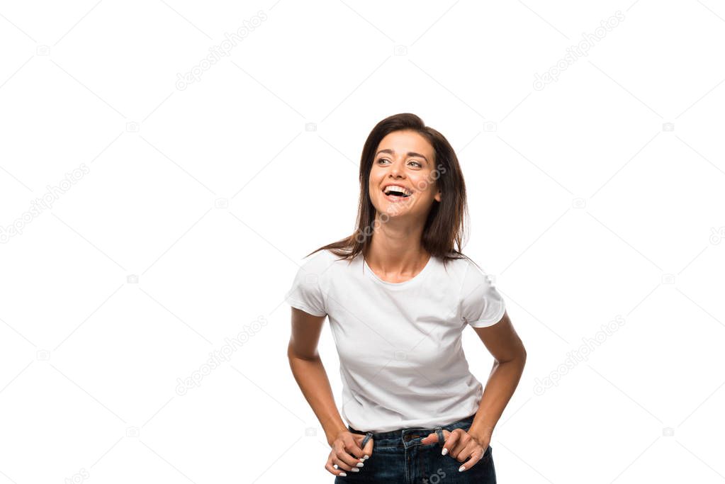 beautiful laughing woman in white t-shirt, isolated on white