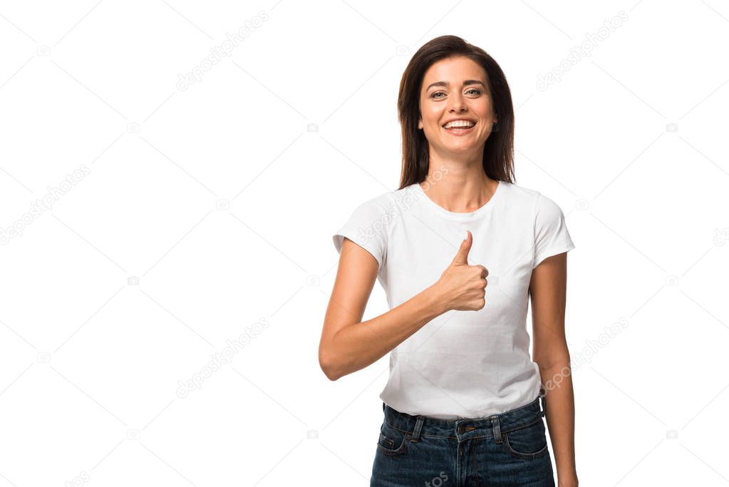 smiling woman in white t-shirt showing thumb up, isolated on white