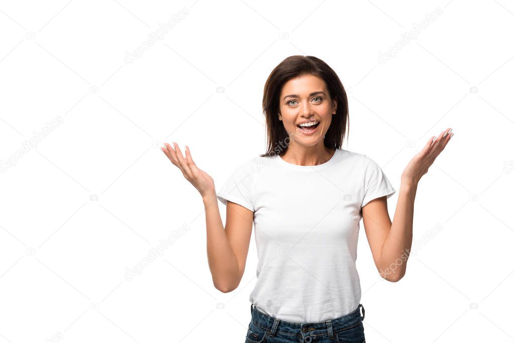 excited cheerful woman with shrug gesture, isolated on white