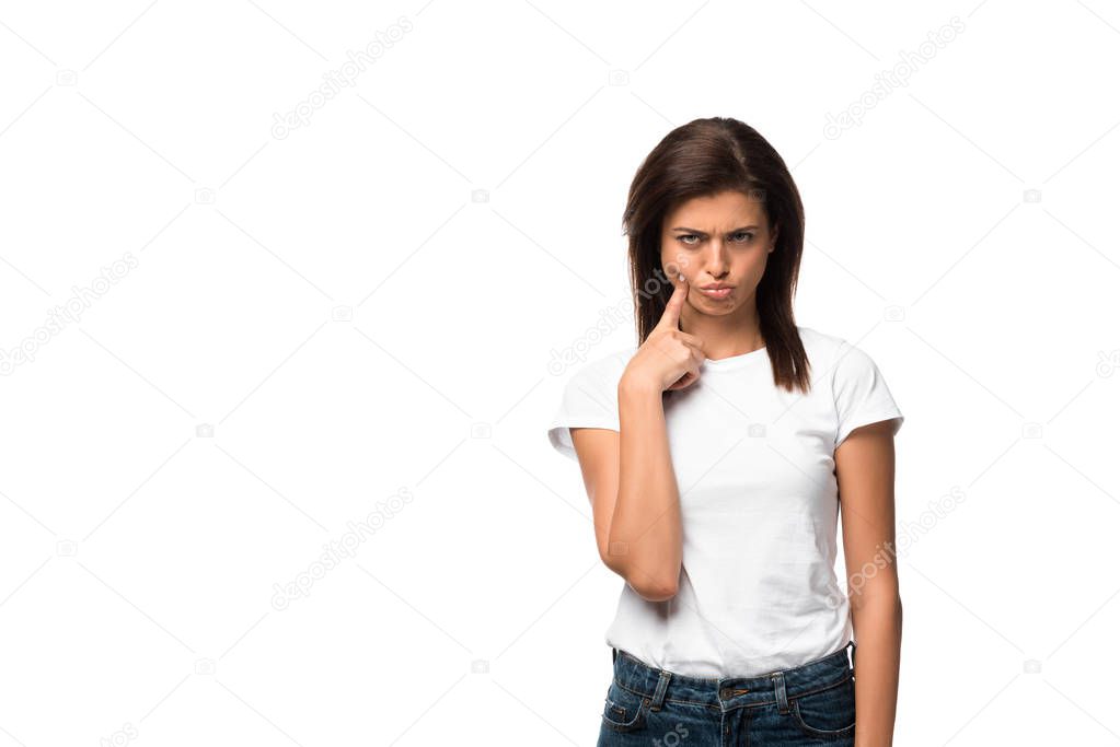 beautiful offended woman in white t-shirt, isolated on white