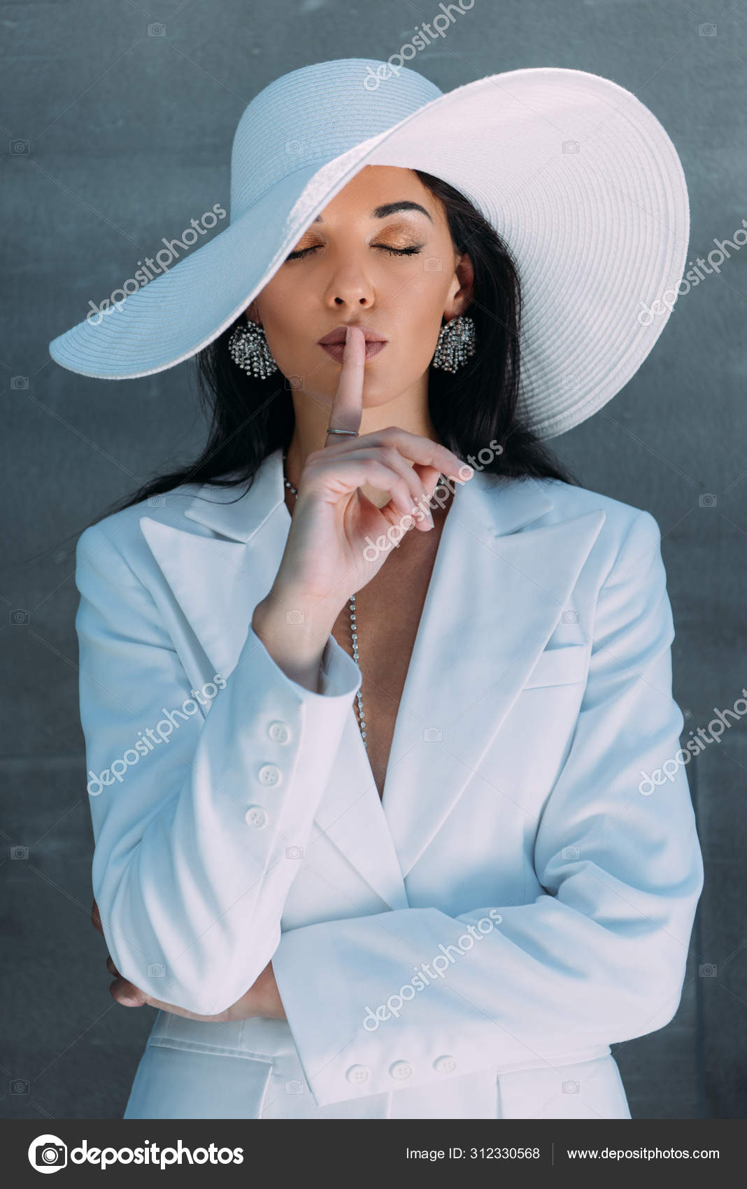 White Suit With Fedora Hat Attractive Woman White Suit Hat Posing