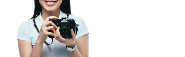 Cropped View Smiling Brunette Asian Woman Taking Picture Digital Camera — Stock Photo, Image